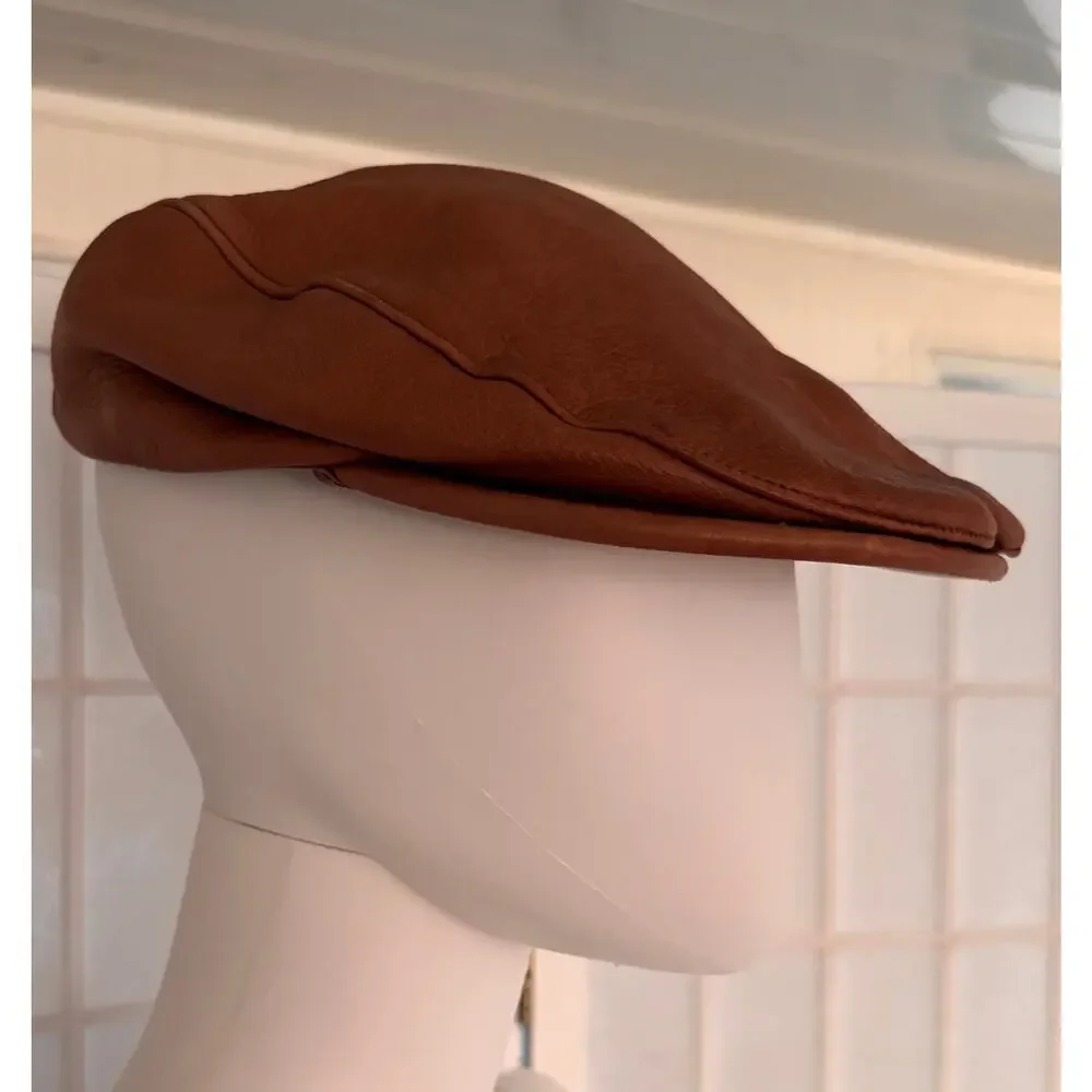 Orvis Genuine Deerskin Leather Driver Cap Brown Large Snap Bill Newsboy Hat - Picture 2 of 11